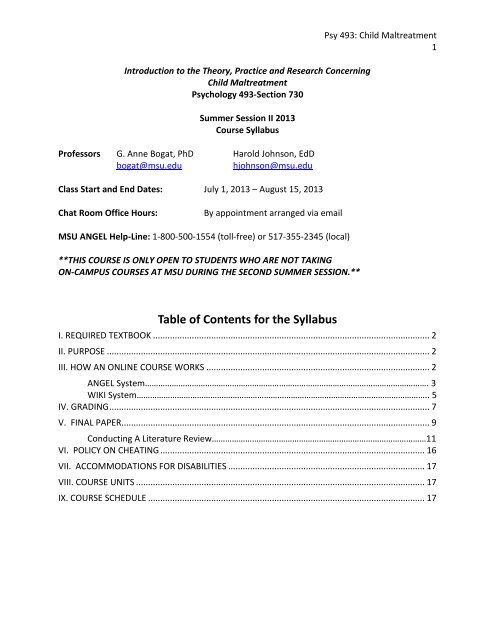 Table of Contents for the Syllabus