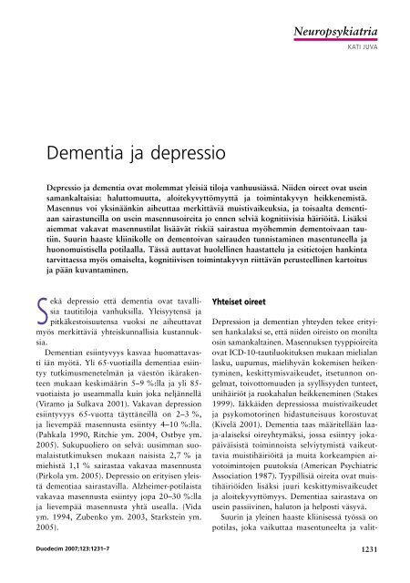 Dementia ja depressio - Terveyskirjasto