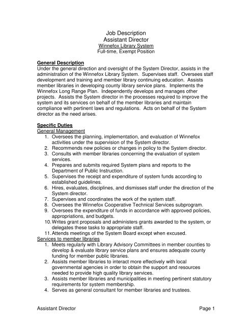 Job Description Assistant Director - Winnefox Library System