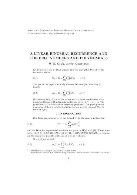a linear binomial recurrence and the bell numbers and polynomials