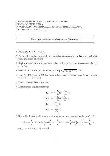 Lista de exercícios 1 - Geometria Diferencial 1. Prove que |r,1 ×r,2 ...