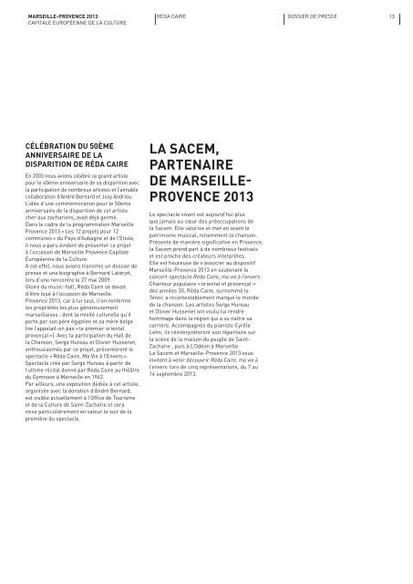 TÃ©lÃ©charger le dossier de presse - Marseille Provence 2013