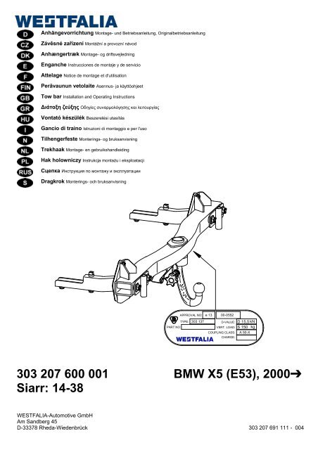 303 207 600 001 BMW X5 (E53), 2000 Siarr: 14-38 - Westfalia