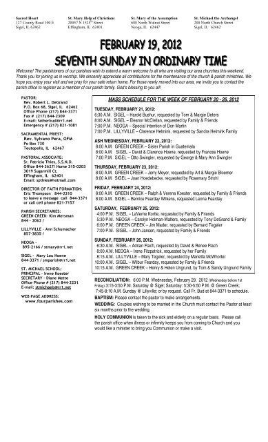 Mass Schedule For The Week Of February 26 12 Four Parishes
