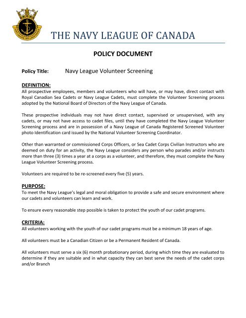 Volunteer Screening Policy - The Navy League of Canada