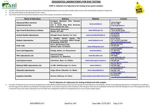 designated laboratories for bvd testing - Animal Health Ireland