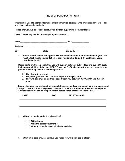 PROOF OF DEPENDENT(S) FORM