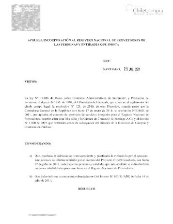 ResoluciÃ³n Proveedores Inscritos Junio 2011 - Chileproveedores
