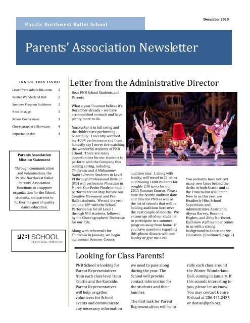 Parents' Association Newsletter â PNB - Pacific Northwest Ballet