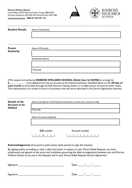 KWS Direct Debit Request Form - Kinross Wolaroi School