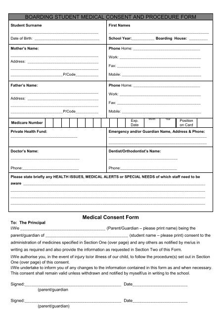 Boarder Student Medical Consent and Procedure Form