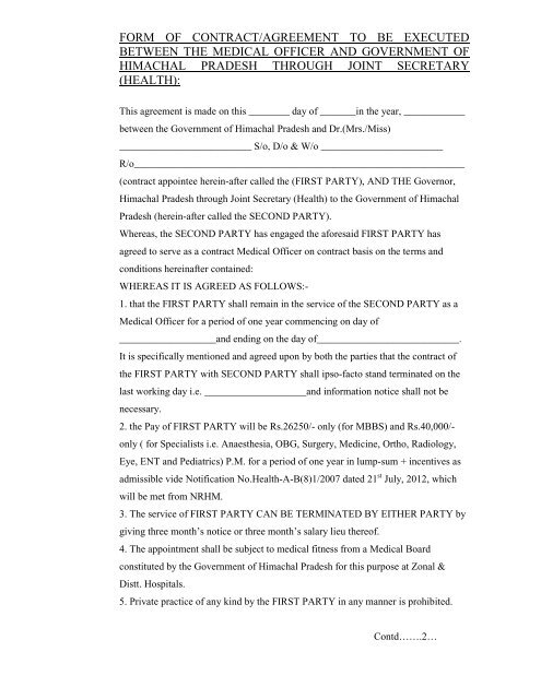 Modified Agreement Form for Medical Officer on Contract 