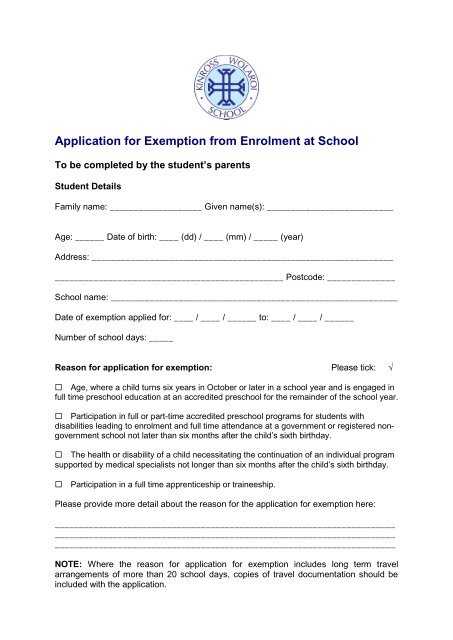 Apprenticeship Parental Application for Exemption from Enrolment