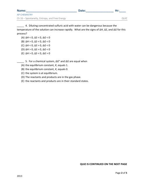 Ch 16 QUIZ - AP Chemistry