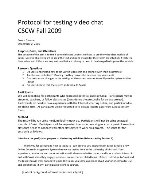 Protocol for testing video chat CSCW Fall 2009 - University of Missouri