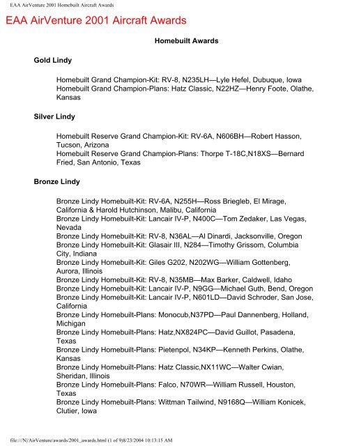 EAA AirVenture 2001 Homebuilt Aircraft Awards
