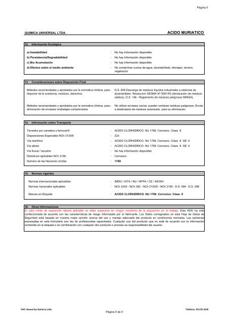 acido muriatico hoja de datos de seguridad de productos quimicos