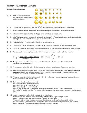 CHAPTER 6 PRACTICE TEST â ANSWERS Multiple Choice ...