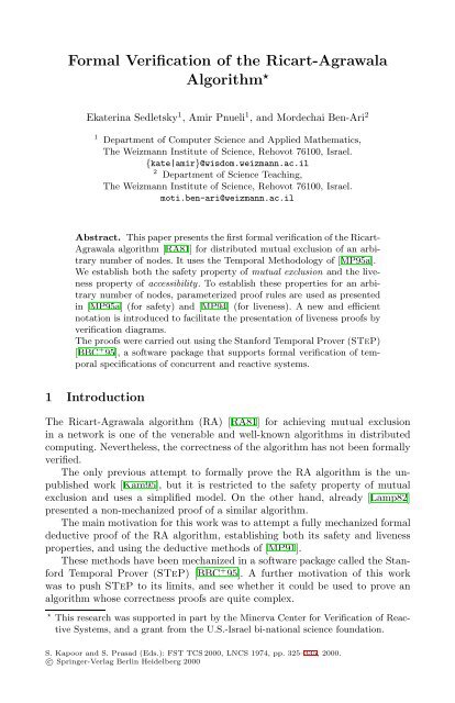 Formal Verification of the Ricart-Agrawala Algorithm - Faculty of ...
