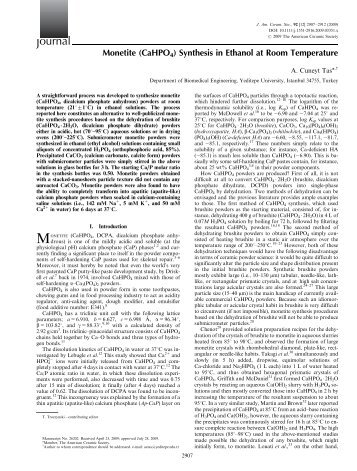 Monetite (CaHPO4) Synthesis in Ethanol at Room ... - A. Cuneyt Tas