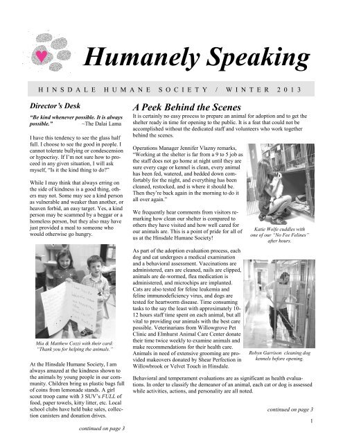 Winter 2013 Newsletter - Hinsdale Humane Society