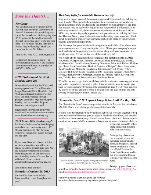 Winter 2013 Newsletter - Hinsdale Humane Society