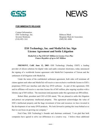 ESS Technology, Inc. and MediaTek Inc. Sign License Agreement ...