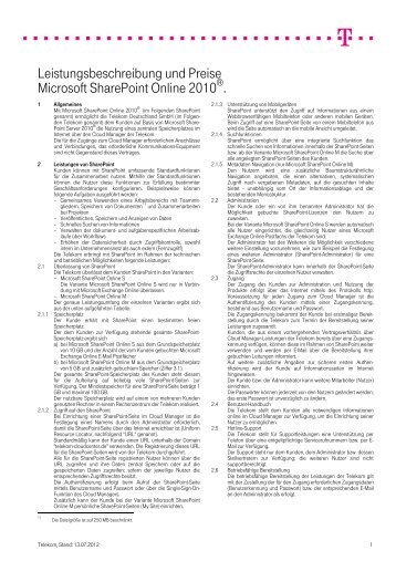 Leistungsbeschreibung und Preise Microsoft Sharepoint Online 2010 .