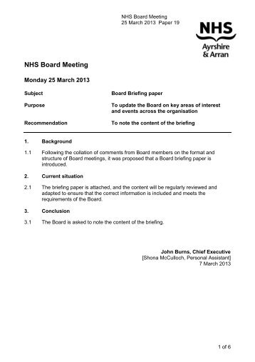 Board briefing paper - NHS Ayrshire and Arran.