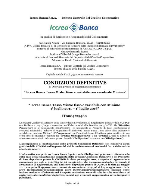 CONDIZIONI DEFINITIVE - Iccrea Banca