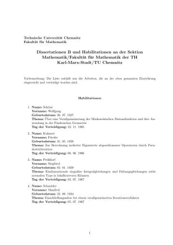 Dissertationen B und Habilitationen an der Sektion Mathematik ...