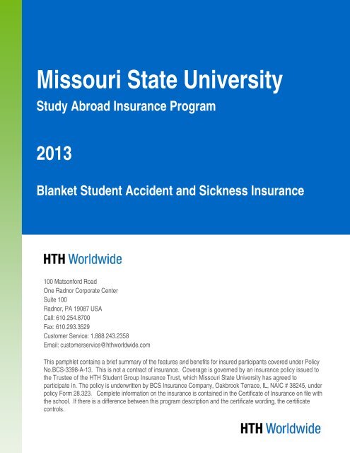 Summary of HTH Blanket Student Accident and Sickness Insurance