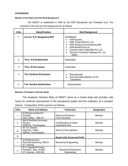 The Academic Advisory Body of KSRCT serve as - KSR College of ...