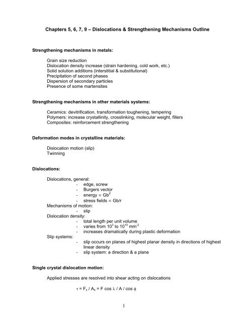 Dislocations And Strengthening Mechanisms Lecture Outline - 