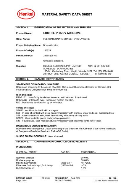 Material Safety Data Sheet Henkel