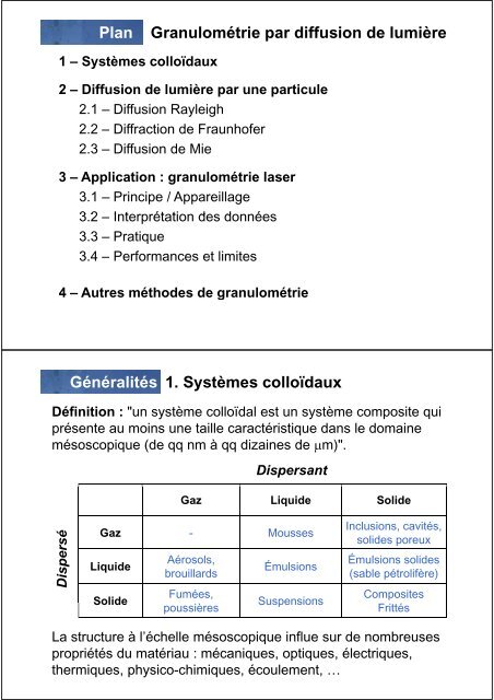 Plan GranulomÃ©trie par diffusion de lumiÃ¨re 1. SystÃ¨mes colloÃ¯daux ...