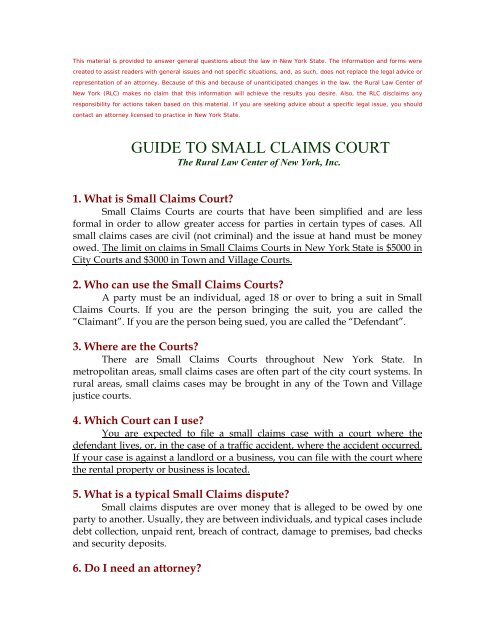 GUIDE TO SMALL CLAIMS COURT - Rural Law Center of New York