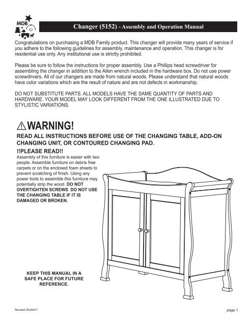 Changer 5152 Assembly And Operation Manual Davinci Baby