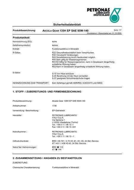 Sicherheitsdatenblatt AKCELA GEAR 135H EP SAE 85W-140