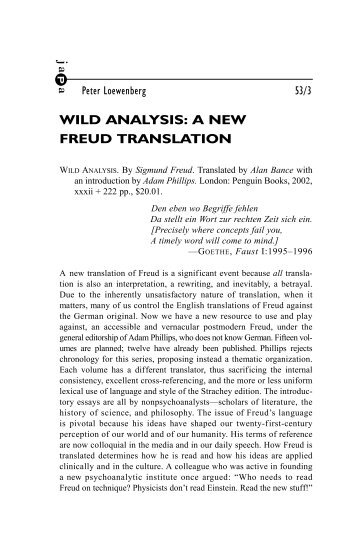 WILD ANALYSIS: A NEW FREUD TRANSLATION ja a - American ...