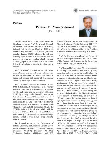 Professor Dr. Mustafa Shameel - Pakistan Academy of Sciences