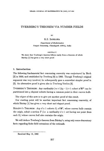 Tverberg's theorem via number fields - kssarkaria