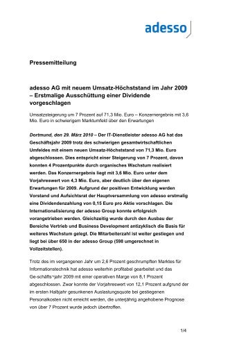 Pressemitteilung adesso AG mit neuem Umsatz-HÃ¶chststand im ...