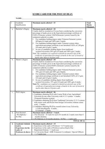 SCORE CARD FOR THE POST OF DEAN