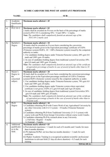 score card for the post of assistant professor - University of ...