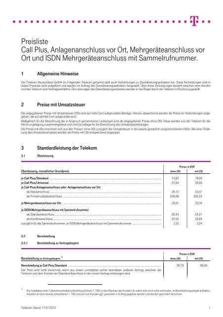 Preisliste Call Plus, Anlagenanschluss vor Ort - Deutsche Telekom