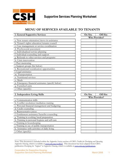 Supportive Services Planning Worksheet