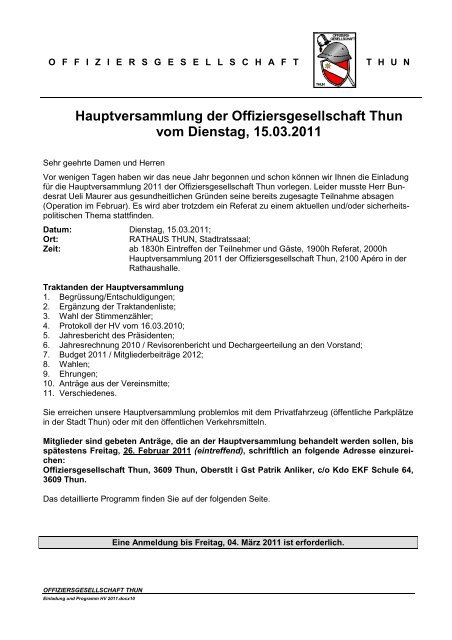 Hauptversammlung der Offiziersgesellschaft Thun vom ... - OG Thun