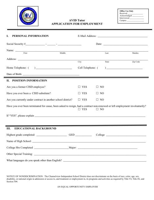 AVID Tutor APPLICATION FOR EMPLOYMENT - Channelview ...