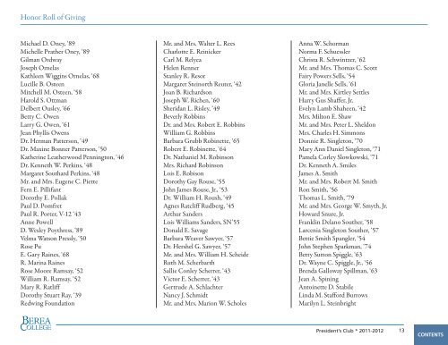 Honor Roll of Giving, 2011-2012 - Berea College